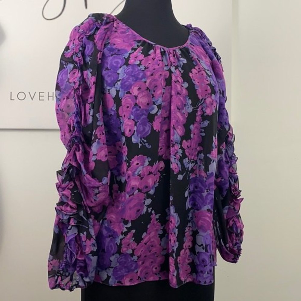 Rebecca Taylor Romantic Floral Blouse Size 0 Watercolor $295 Violet Purple XS